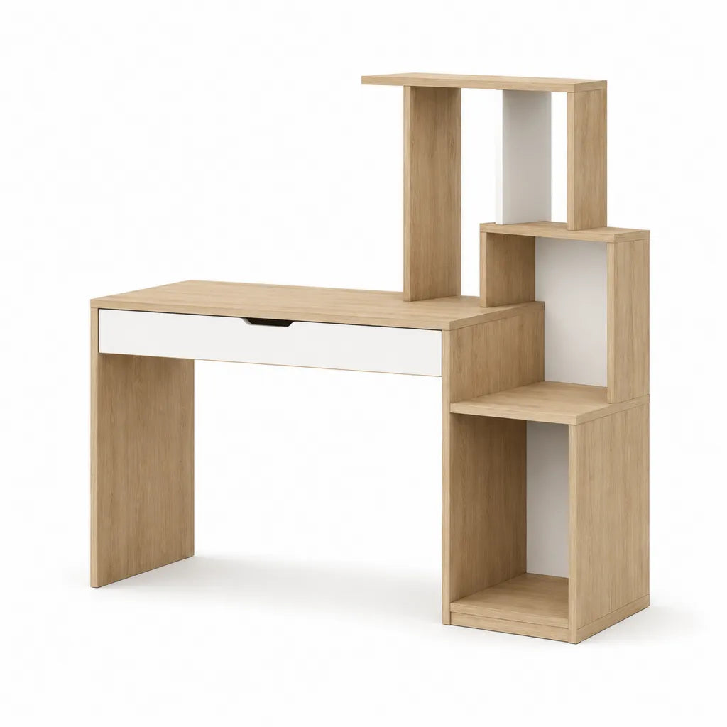 Schreibtisch mit Regal und Schublade aus melaminharzbeschichteter Spanplatte rechteckig Eiche hell Wei 120 x 50 x 150 cm