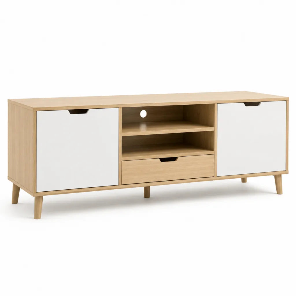 TV-Lowboard Fernsehschrank mit 2 Turen Schublade und offenen Fachern Spanplatte rechteckig Natur Wei 140 x 40 x 60 cm