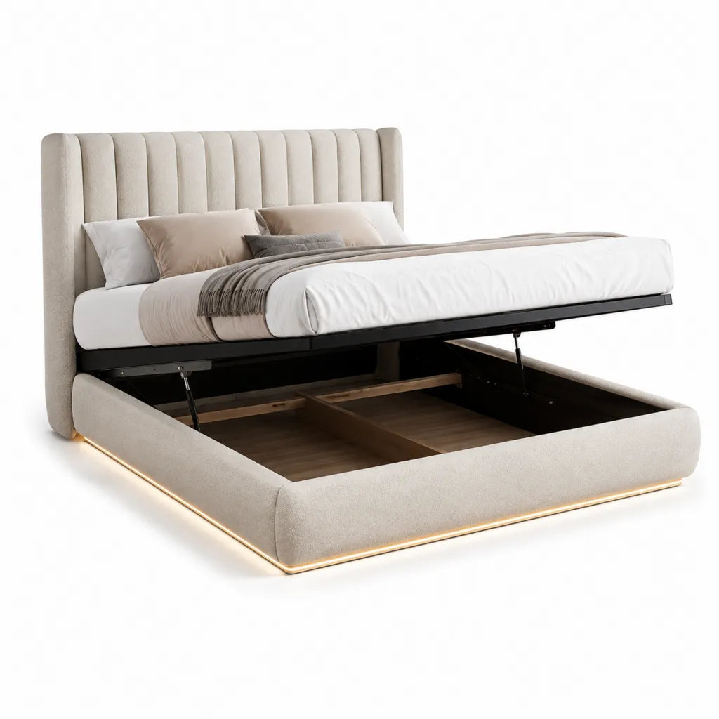 Polsterbett Stauraumbett 180 x 200 cm aus Polyester rechteckig in Beige mit Gasdruckfedern und LED-Beleuchtung