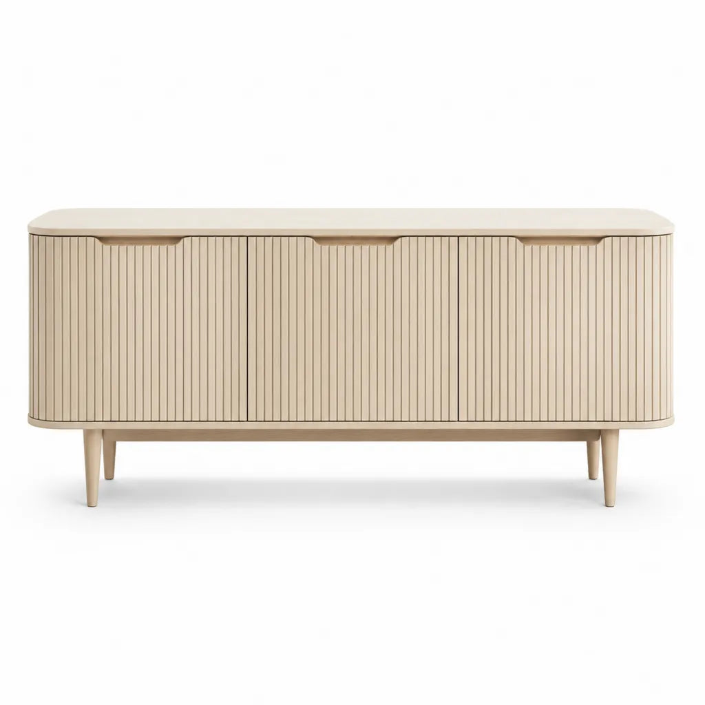 TV Lowboard mit 3 Turen aus MDF mit Rillenfront in Creme 160 x 40 x 75 cm