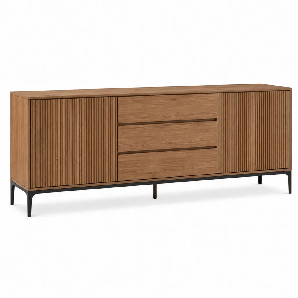 TV-Sideboard mit 2 Turen und 3 Schubladen aus MDF mit Walnussfurnier rechteckig Braun Schwarz 160 x 40 x 75 cm