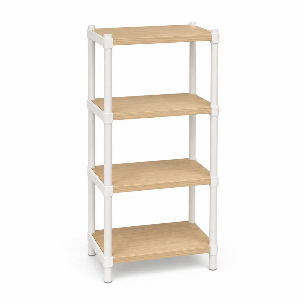 Standregal mit 4 Ablagen aus Bambus und PP Kunststoff rechteckig Naturwei 60 x 30 x 120 cm