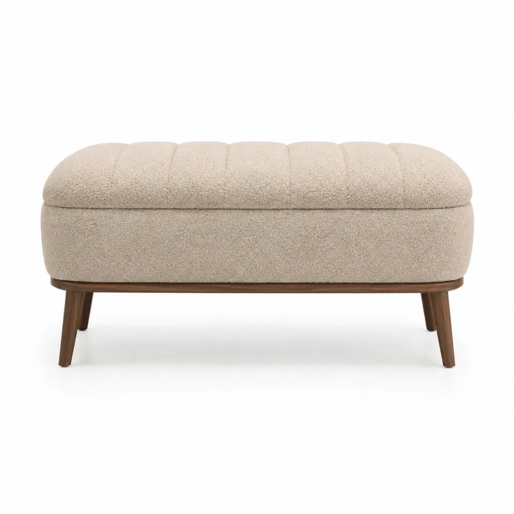Gepolsterte Bettbank 120 x 45 x 45 cm Boucle-Polyester Creme Rechteckig mit Massivholzbeinen