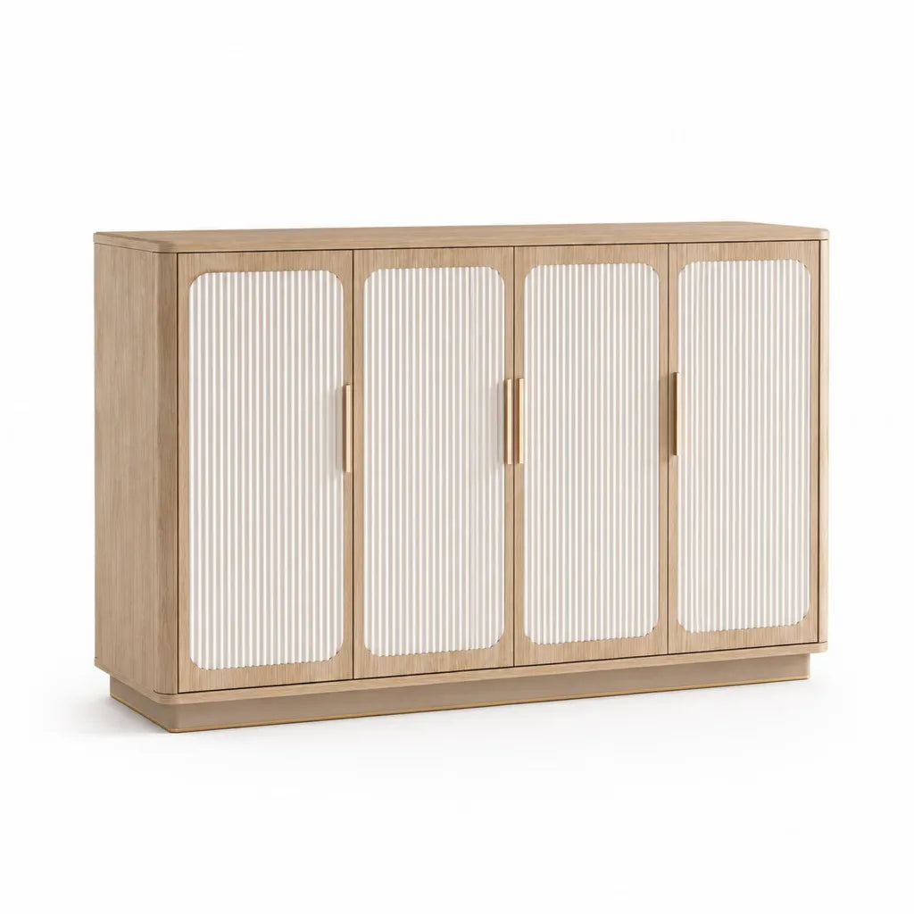 Kommode mit 4 Turen aus MDF mit Eichen-Dekor und geriffeltem Glas rechteckig Naturwei 160 x 40 x 100 cm