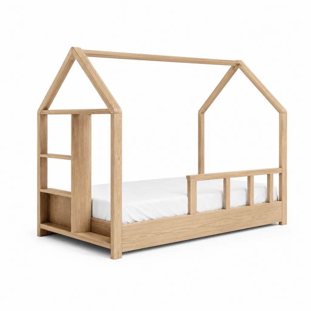 Kinderhausbett 90 x 200 cm aus massivem Eichenholz in Hausform Natur