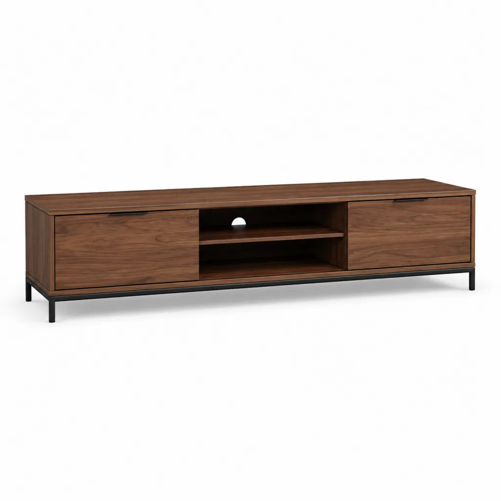 TV-Lowboard mit 2 Turen und 2 offenen Fachern aus MDF mit Walnussfurnier Braun 180 x 40 x 50 cm