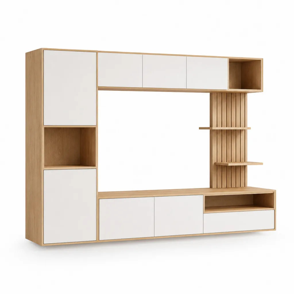 Wohnwand TV-Schrank 240 x 40 x 200 cm aus melaminbeschichteter Spanplatte rechteckig Eiche Natur Wei