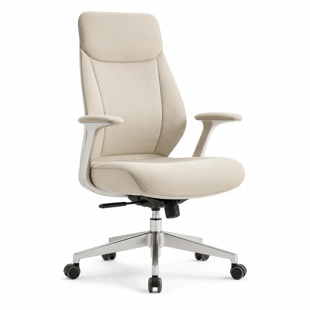 Ergonomischer Burostuhl mit hoher Ruckenlehne Polyesterbezug Beige 68 x 68 x 118-128 cm
