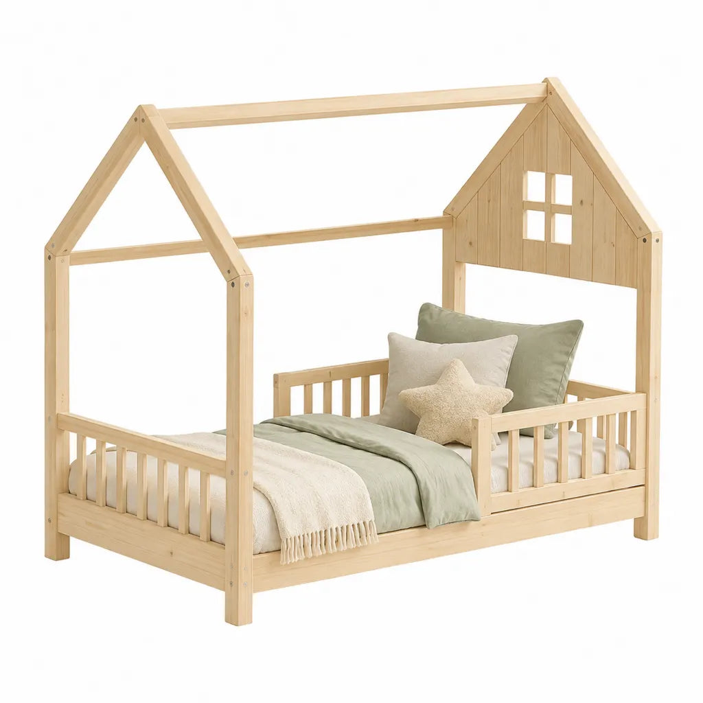 Kinderhausbett Hausbett 90 x 200 cm aus massivem Kiefernholz in Dachform Natur